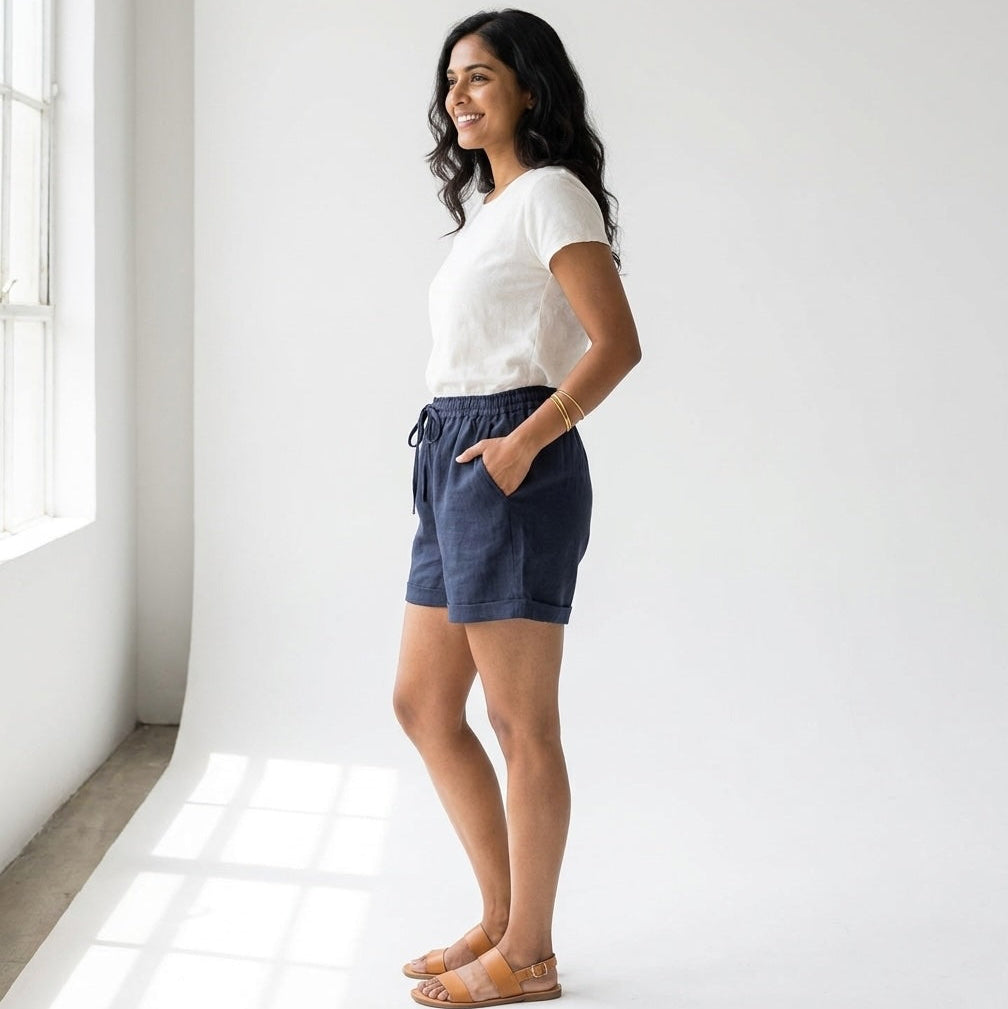 Linen Shorts for Women- Navy