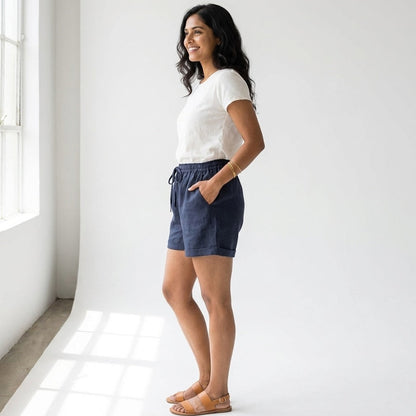Linen Shorts for Women- Navy