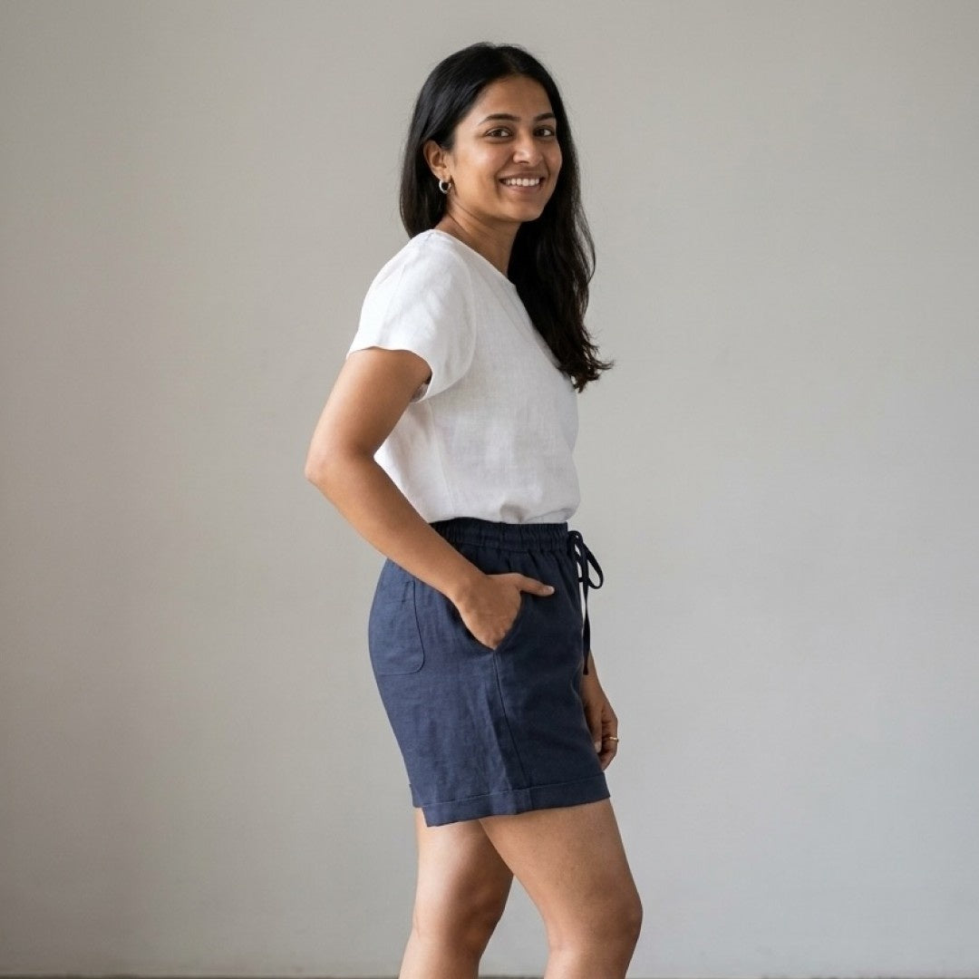Linen Shorts for Women- Navy