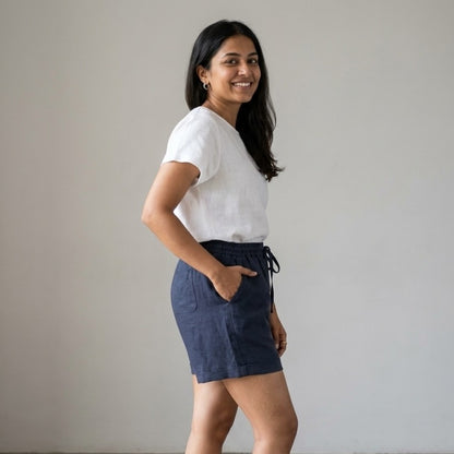 Linen Shorts for Women- Navy