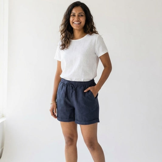 Linen Shorts for Women- Navy