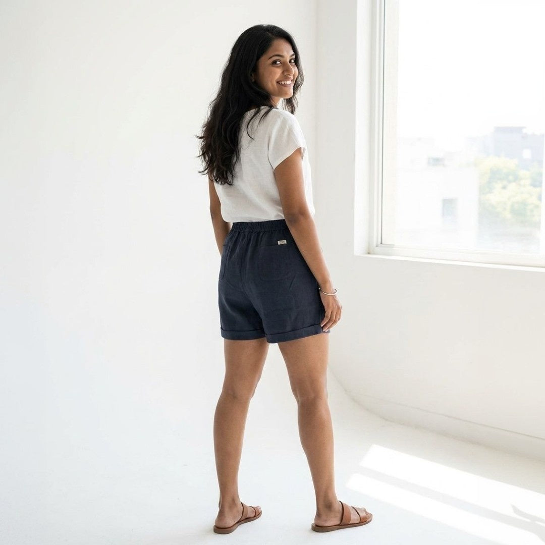 Linen Shorts for Women- Navy