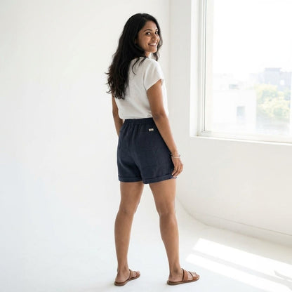 Linen Shorts for Women- Navy