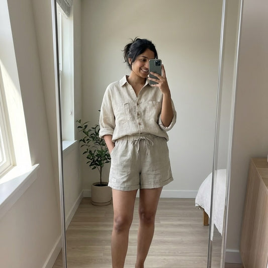 Linen Shorts Co-ord Set for Women-Beige