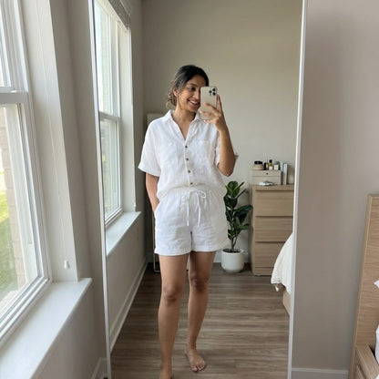 100% Pure Linen Shorts Co-ord Set for Women - White