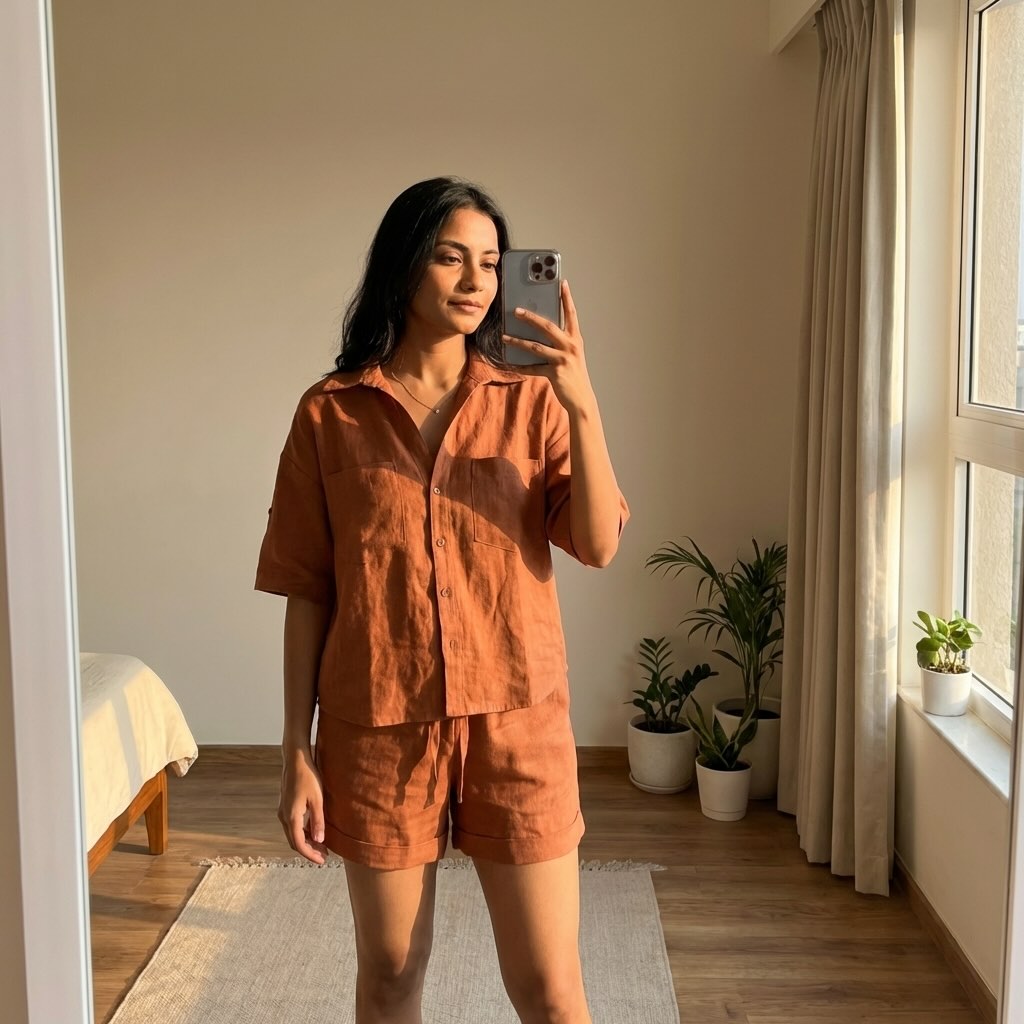 Linen Shorts Co-ord Set for Women-Rust