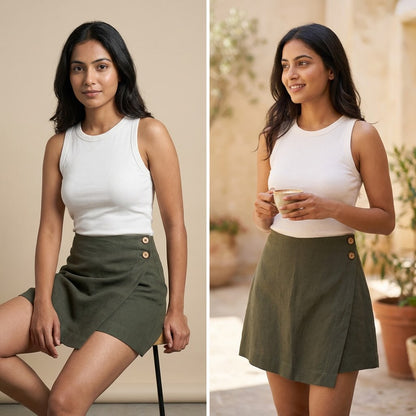 Linen Skorts for Women (Rimore X Sara)- Olive