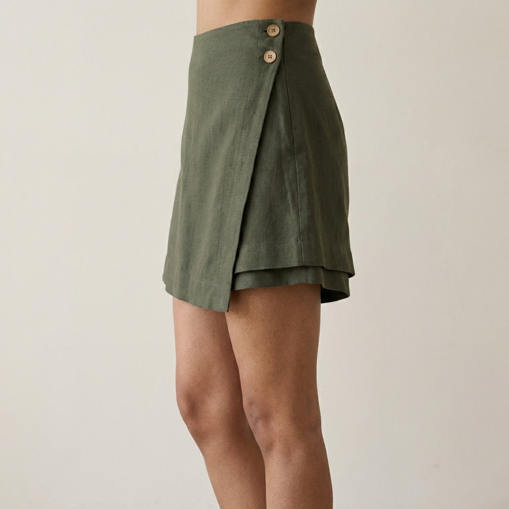 Linen Skorts for Women (Rimore X Sara)- Olive