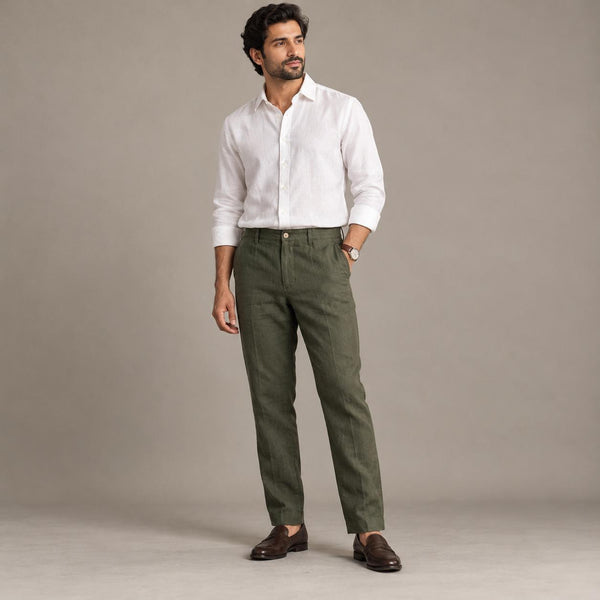 100% Pure Linen Chinos for Men - Olive