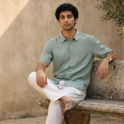 Linen Half-Sleeve Regular Collar Shirt for Men- Sage