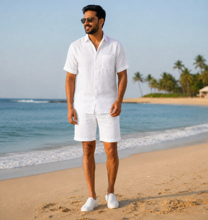 Linen Regular Collar Shirt & Shorts Set for Men- White