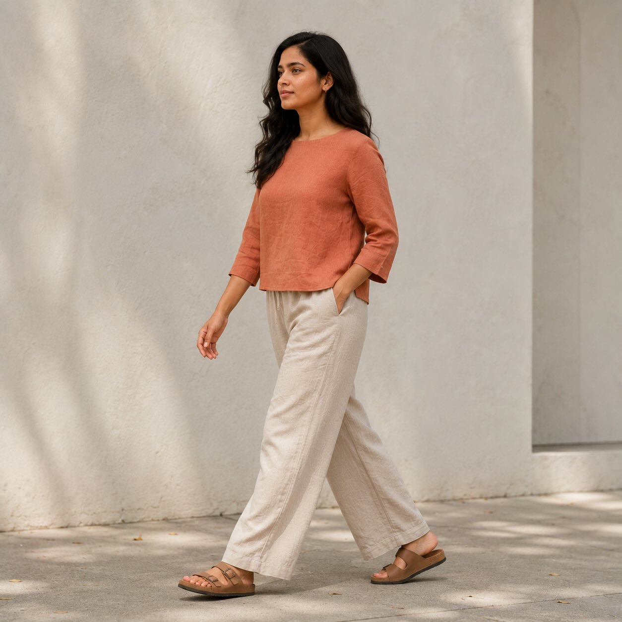 Linen Boat Neck Top for Women - Copper