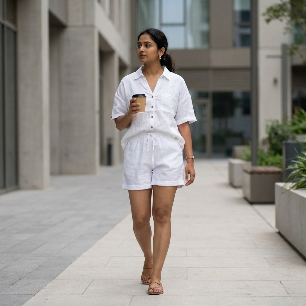 Linen Shorts Co-ord Set for Women-White