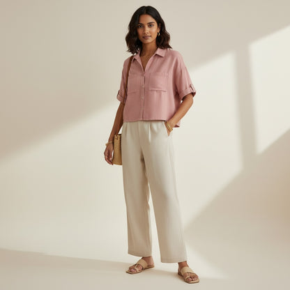 Oversize Boxy Crop Shirt - Women- 100% Premium Linen - Rose