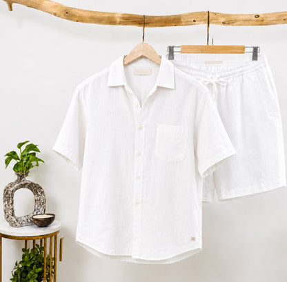 Linen Regular Collar Shirt & Shorts Set for Men- White