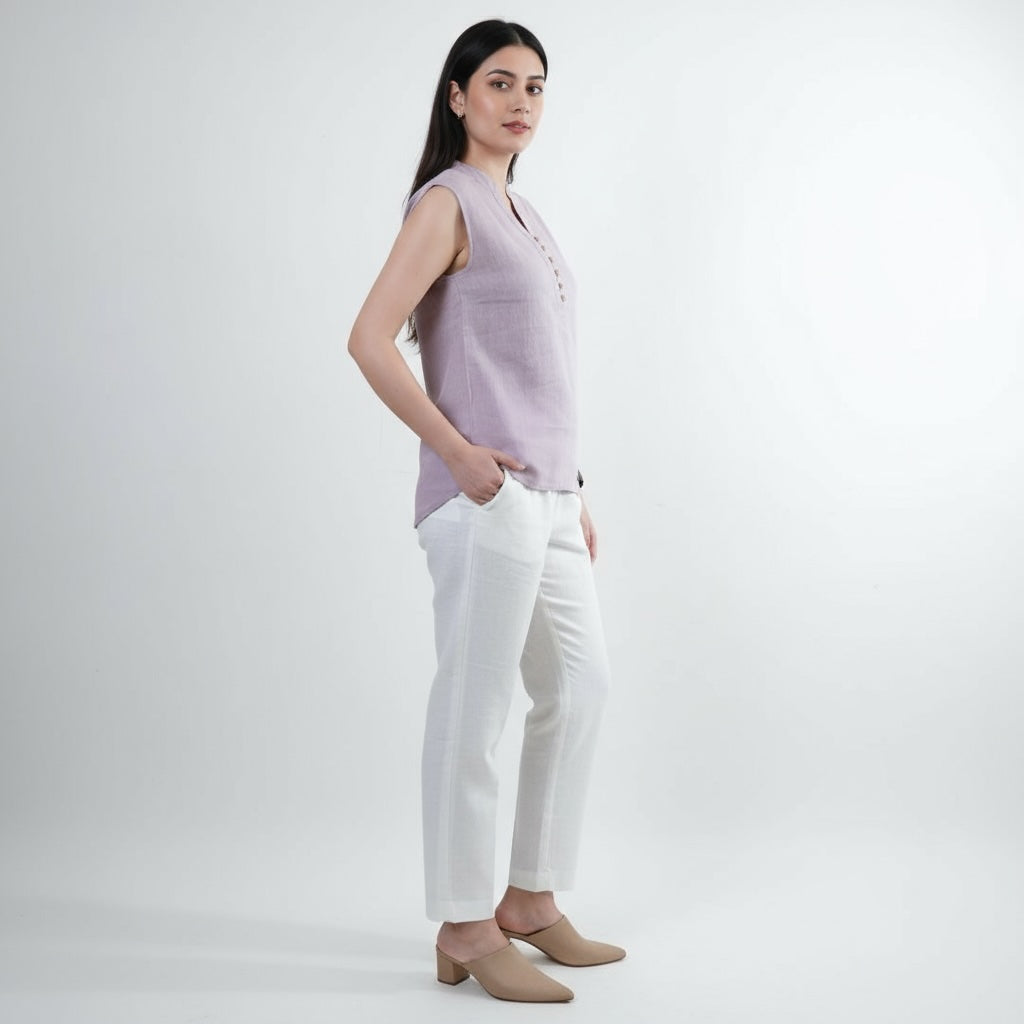 Mandarin Collared Top - 100% Linen - Women - Lavender