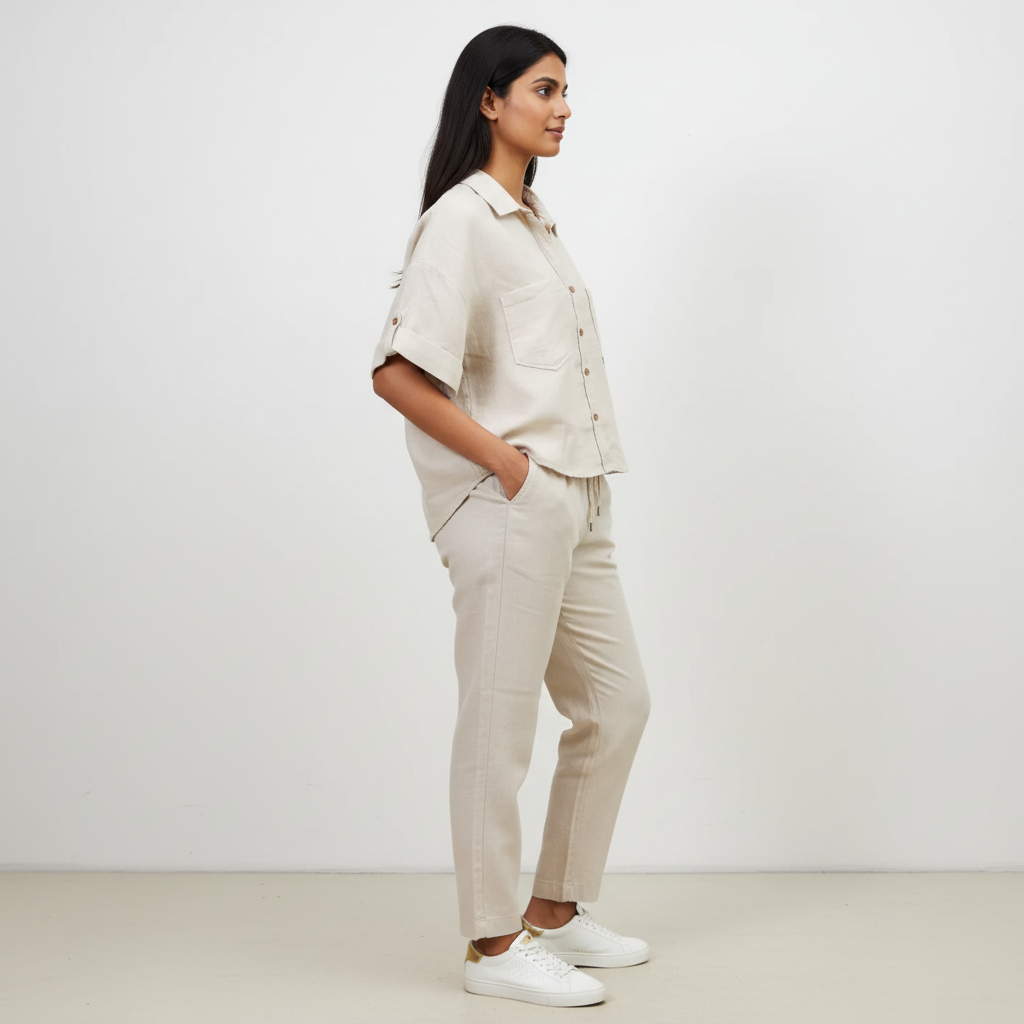 Crop shirt and Relaxed fit Pant Co-ord Set - Women- 100% Premium Linen - Beige