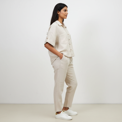 Crop shirt and Relaxed fit Pant Co-ord Set - Women- 100% Premium Linen - Beige