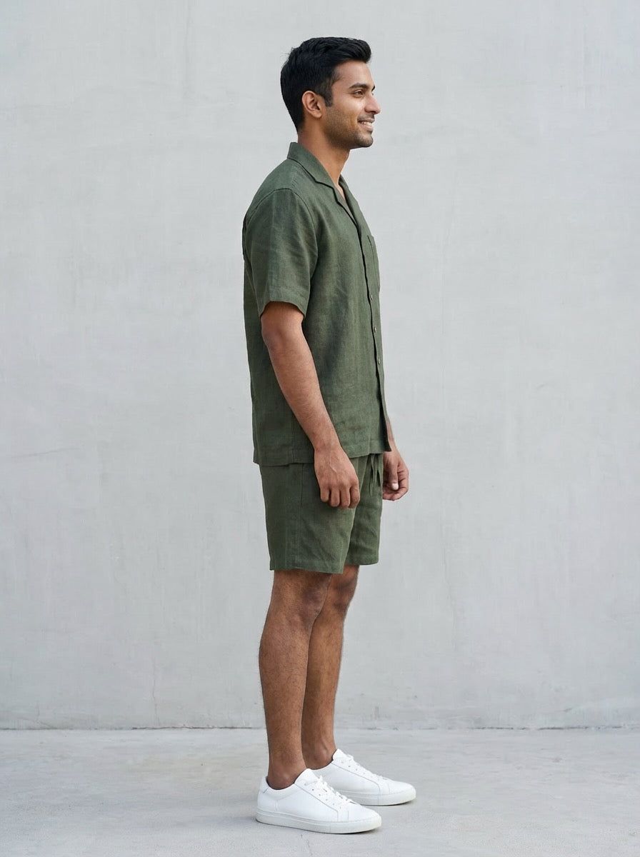Resort collar Shirt and Shorts Co-ords - Men- 100% Premium Linen - Olive