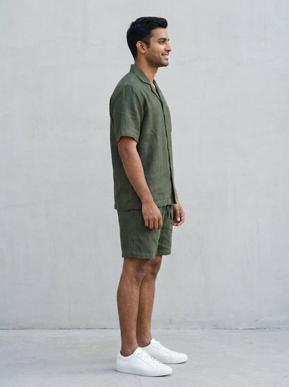 Resort collar Shirt and Shorts Co-ords - Men- 100% Premium Linen - Olive