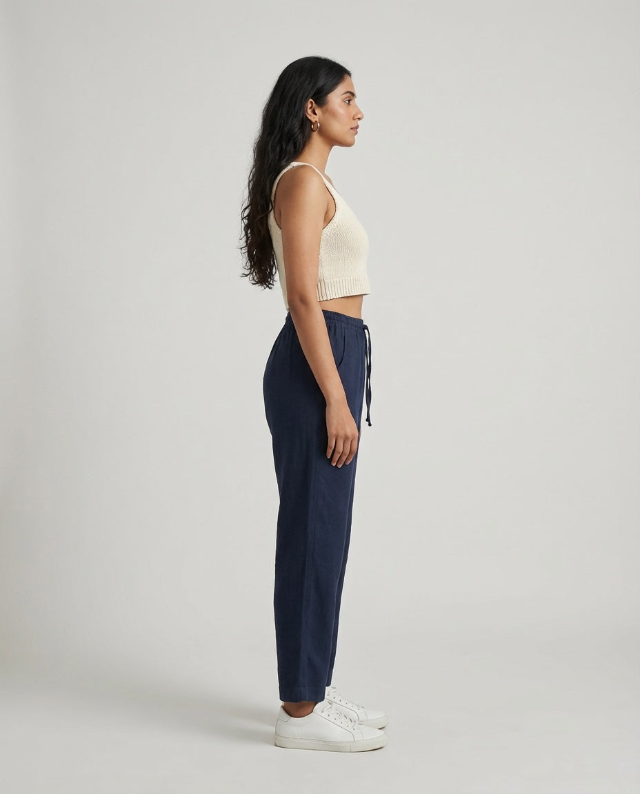 Relaxed fit Pants- 100% Premium Linen - Women - Navy