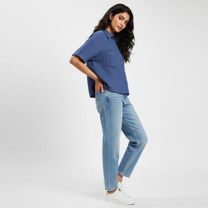 Oversize Boxy Crop Shirt - Women- 100% Premium Linen - Blue