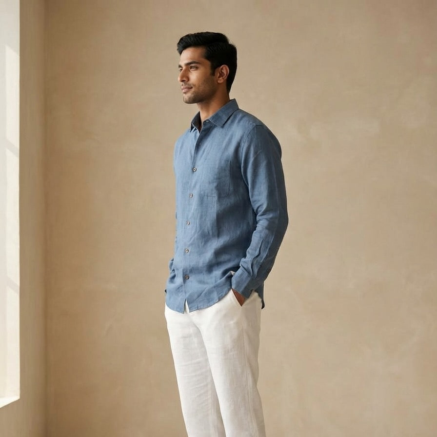Linen Regular Collar Shirt for Men- Dusty Blue
