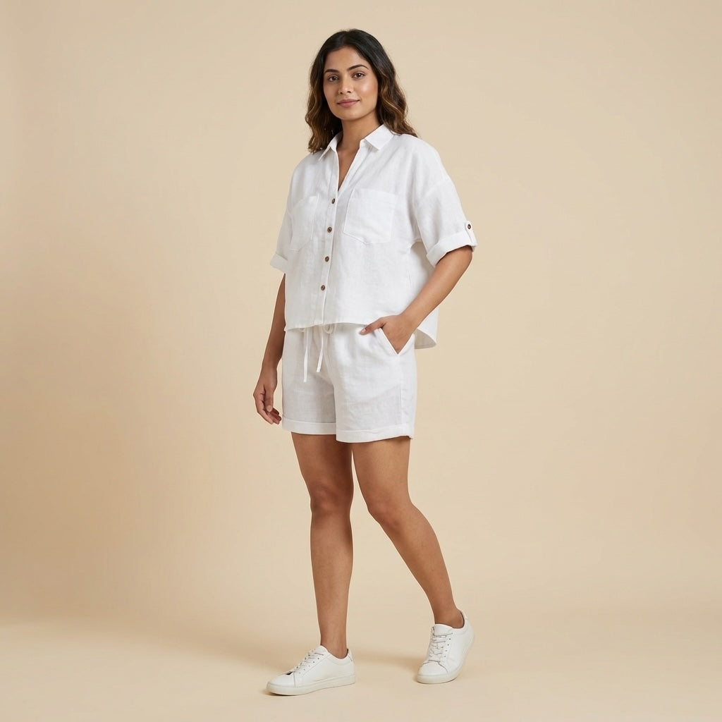 Linen Shorts Co-ord Set for Women-White