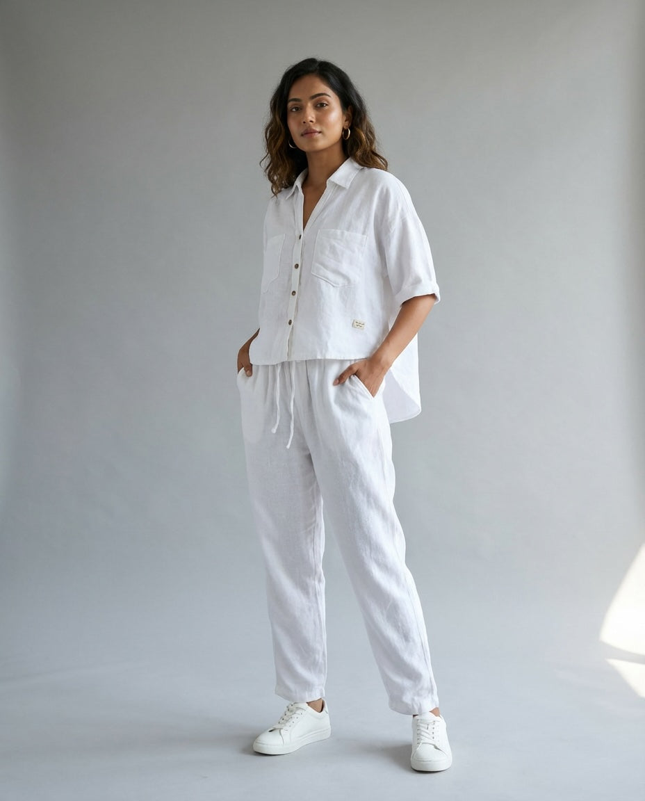 Crop shirt and Relaxed fit Pant Co-ord Set - Women- 100% Premium Linen - White
