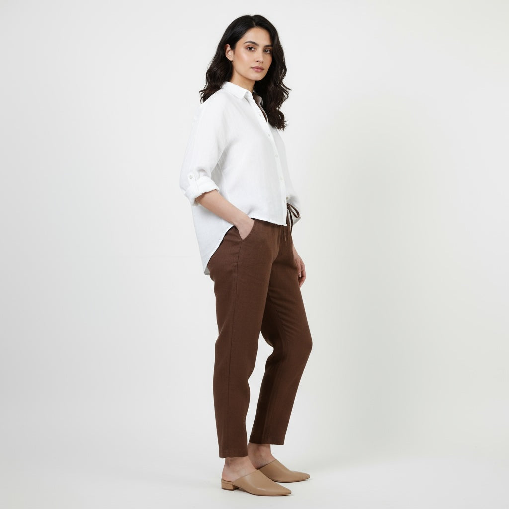 Relaxed fit Pants- 100% Premium Linen - Women - Brown