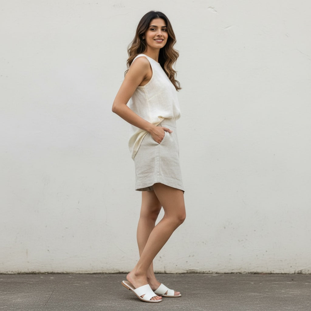 Skorts for Women - Rimore X Sara- 100% Premium Linen - Beige