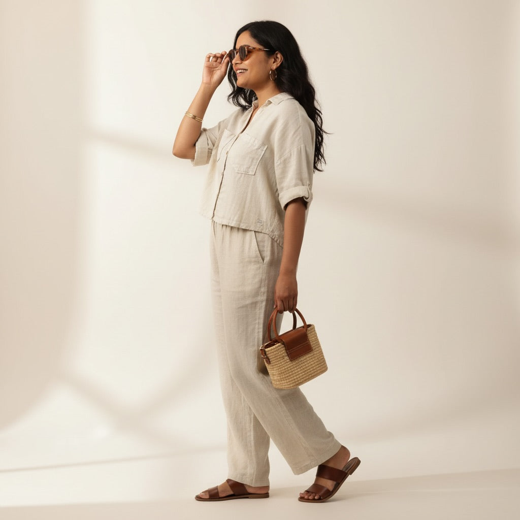 Oversize Boxy Crop Shirt - Women- 100% Premium Linen - Beige