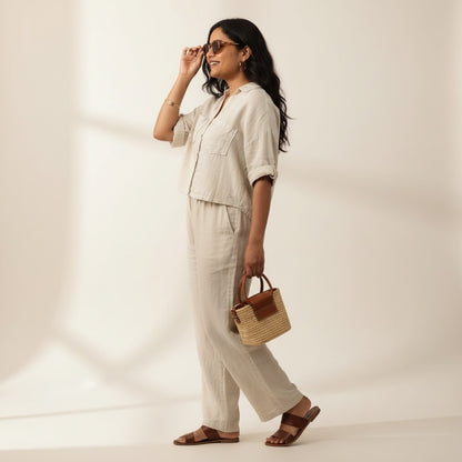 Oversize Boxy Crop Shirt - Women- 100% Premium Linen - Beige