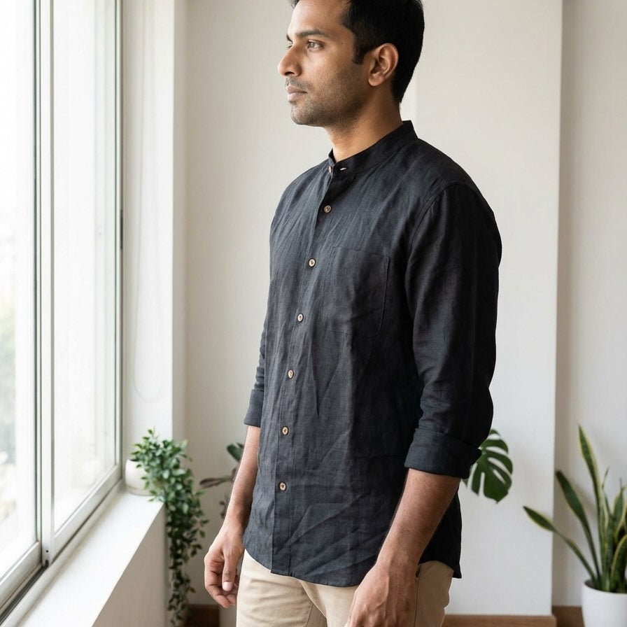Linen Chinese Collar Shirt for Men- Black