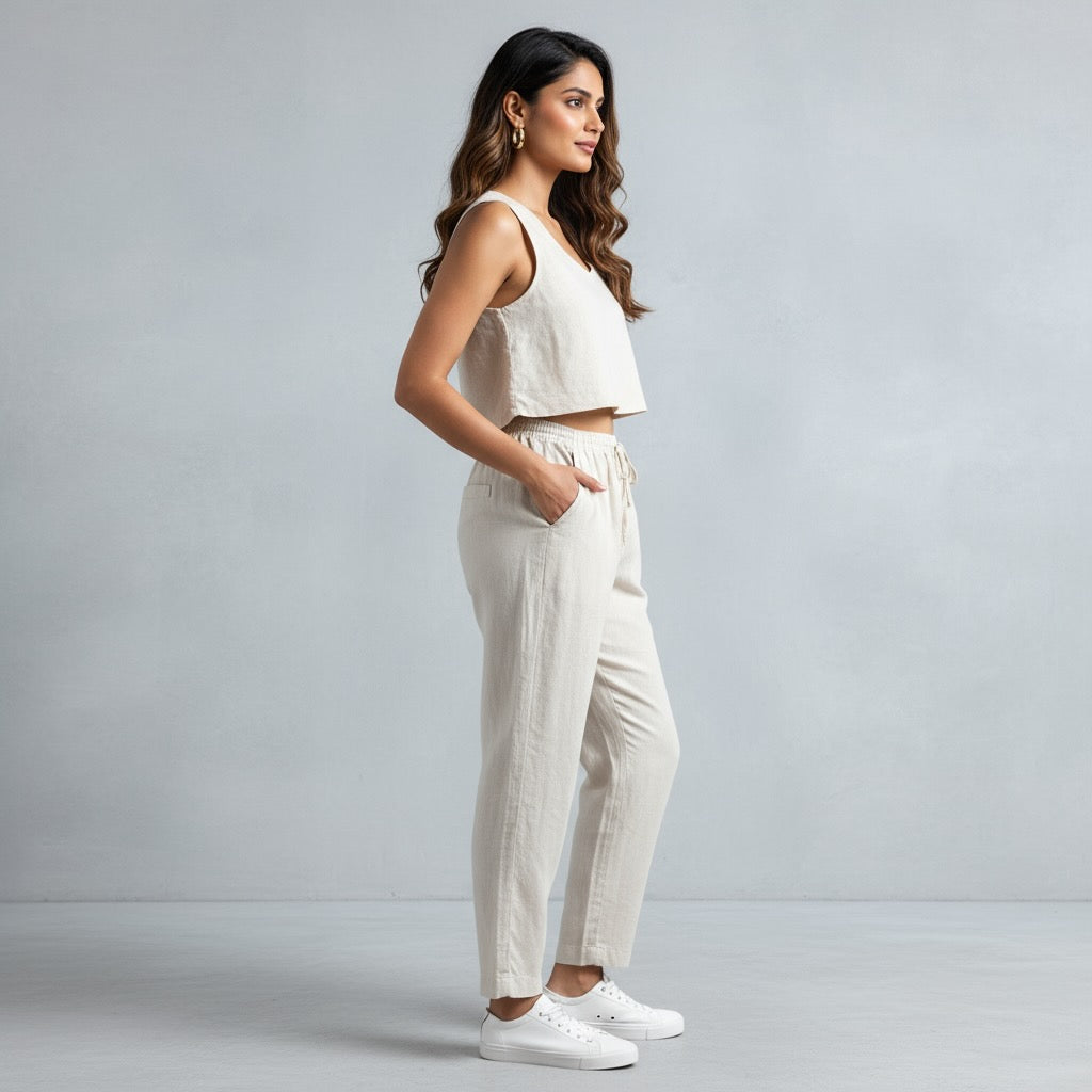 Linen Relaxed Fit Pants for Women- Beige