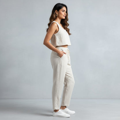 100% Pure Linen Relaxed Fit Pants for Women - Beige