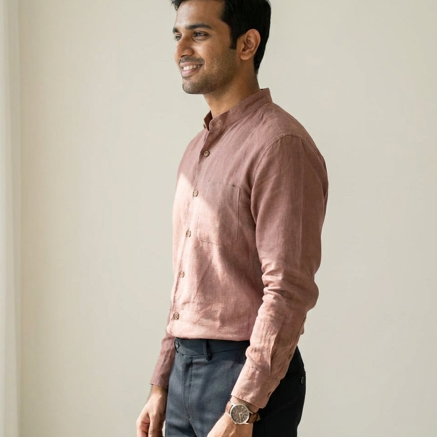 Linen Chinese Collar Shirt for Men- Copper