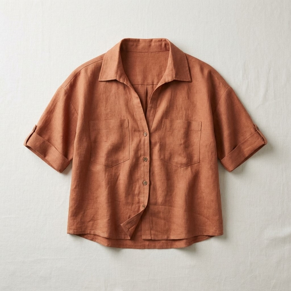 Oversized Boxy Crop Linen Shirt for Women- Rust