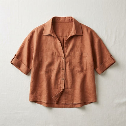 Oversized Boxy Crop Linen Shirt for Women- Rust
