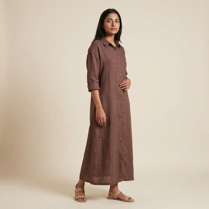 Linen Long Shirt Dress for Women- Brown
