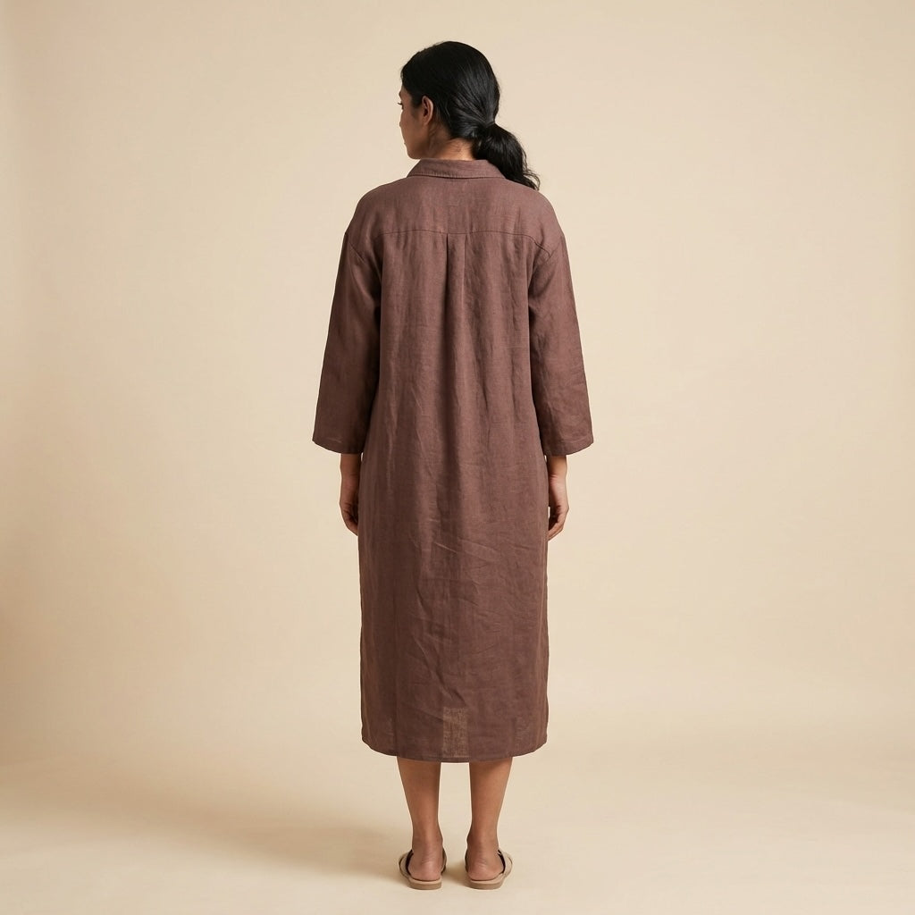 Linen Long Shirt Dress for Women- Brown