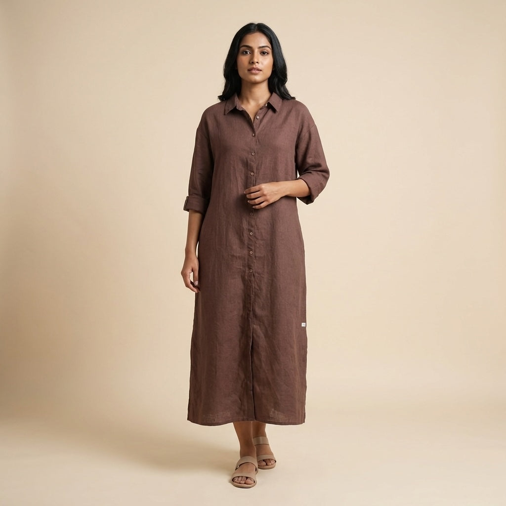Linen Long Shirt Dress for Women- Brown