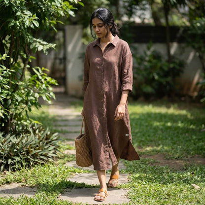 Linen Long Shirt Dress for Women- Brown