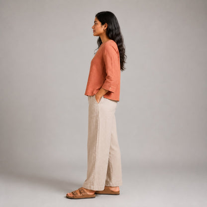 Linen Boat Neck Top for Women - Copper