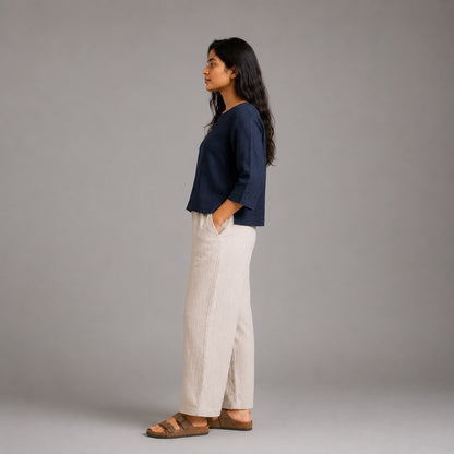 Linen Boat Neck Top for Women - Navy