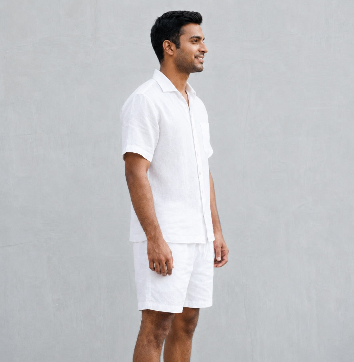 Linen Regular Collar Shirt & Shorts Set for Men- White