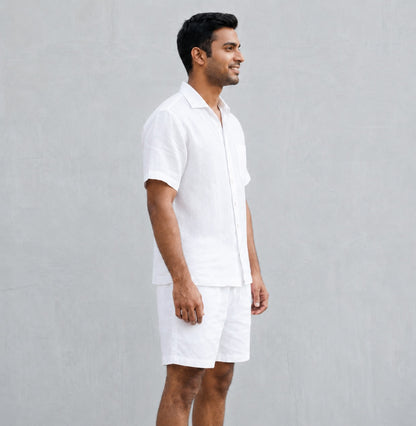 Linen Regular Collar Shirt & Shorts Set for Men- White