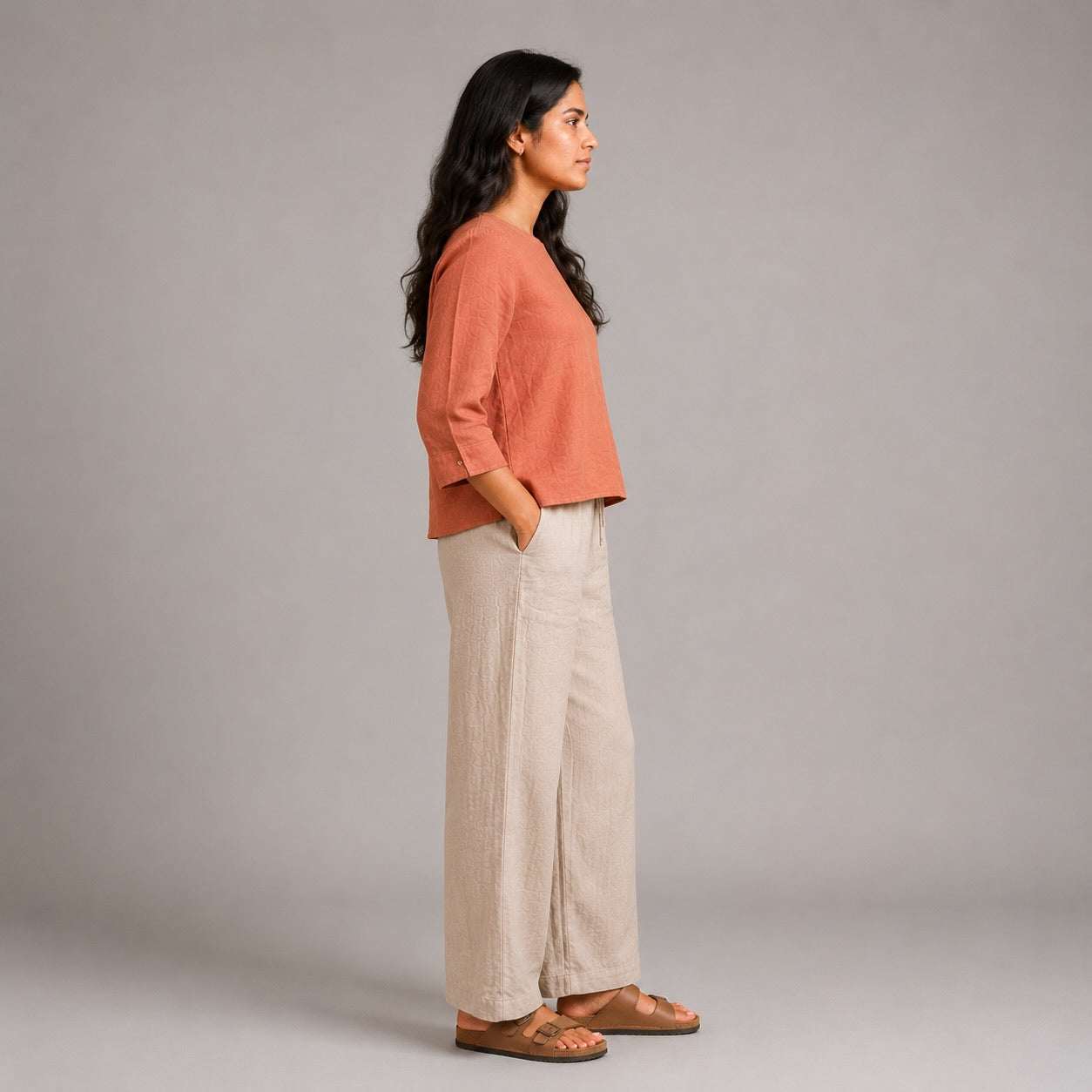 Linen Boat Neck Top for Women - Copper