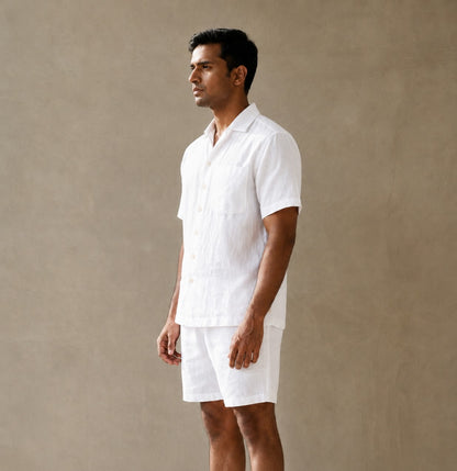 Linen Regular Collar Shirt & Shorts Set for Men- White