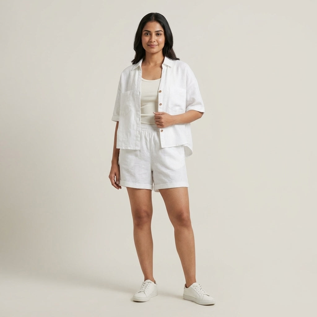 Linen Shorts Co-ord Set for Women-White